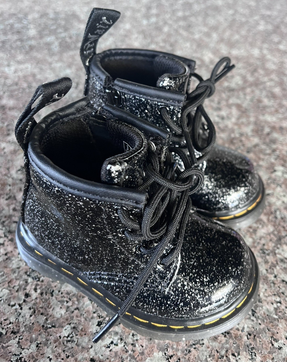 Dr. Martens Toddler Size 4 Black Glitter Lace Up Boots AirWair Shoes EUC
